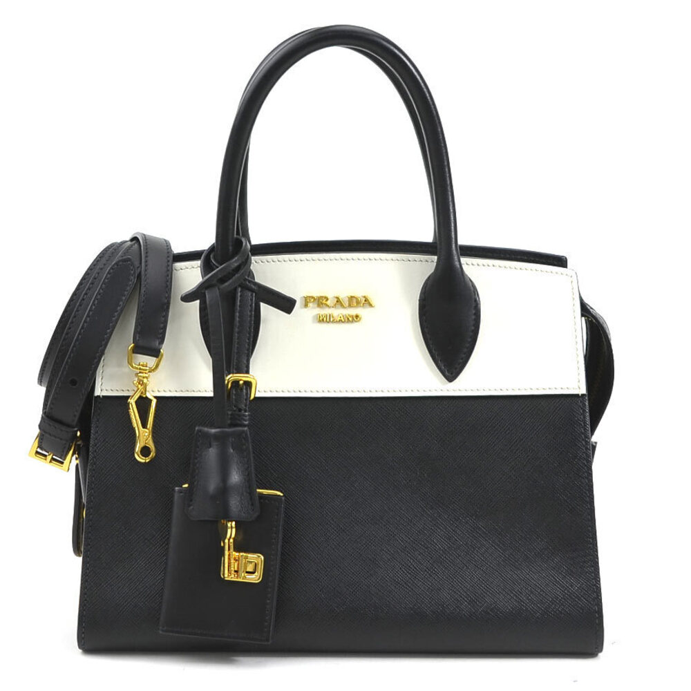 Prada Esplanade Leather 2way Shoulder Bag Black White Gold